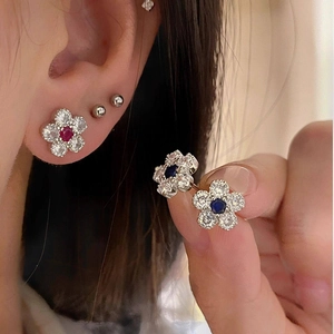 Elegant silver zircon flower stud earrings featuring colorful main stones and diamonds