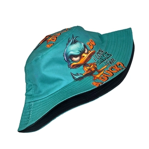Detail of teal cotton bucket hat featuring a cartoon angry duck and funny slogan print