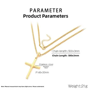 Detail specifications of stainless steel cross pendant necklace with measurements and weight