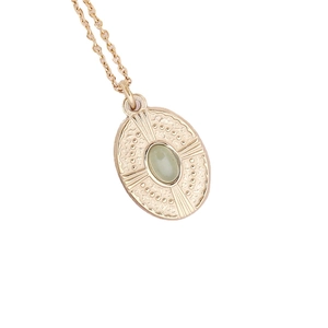 Golden geometric oval necklace with light green natural stone on a thin stainless steel chain