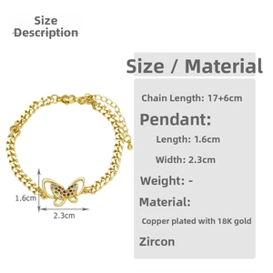 Size chart for 18K gold plated copper butterfly bracelet with colorful zircon stones