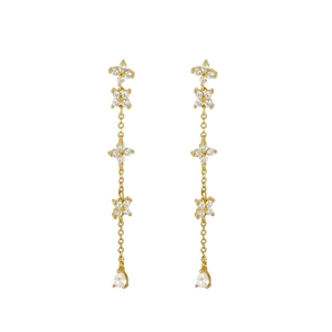 Elegant gold-tone chain tassel earrings featuring sparkling crystal flower studs and pear drops