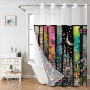 Detail of artistic butterfly and castle print on waterproof polyester shower curtain