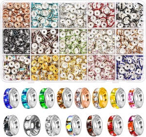Macro view of crystal rhinestone spacer beads for DIY jewelry making in a 15-grid storage box