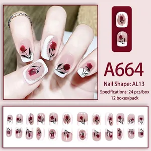 French style press-on nails with red tulip flowers and elegant linear patterns