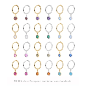 925 Sterling Silver Zirconia Huggie Hoop Earrings Round Colorful Birthstone Drop Earrings Minimalist Jewelry For Women