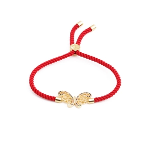 Adjustable red rope bracelet with golden hollow butterfly charm and colorful zircons