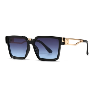 Modern square black frame sunglasses with blue gradient lenses and gold hollow metal temples
