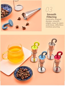 Detailed close-up of umbrella-shaped tea infuser with stainless steel mesh and colorful handle
