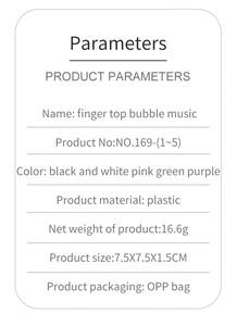 Detailed product parameters table for finger top bubble music fidget toy in plastic
