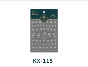 Details von 5D weißen Blumen-Nagelstickern und künstlerischem Schriftzug, Modell KX-115