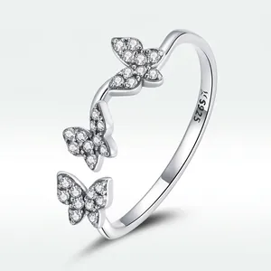 S925 sterling silver butterfly ring with cubic zirconia stones and adjustable band