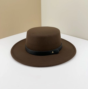 Dark brown wool felt flat top boater hat with black leather belt and gold buckle
