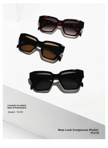 Three pairs of oversized square sunglasses in black and tortoiseshell on white steps