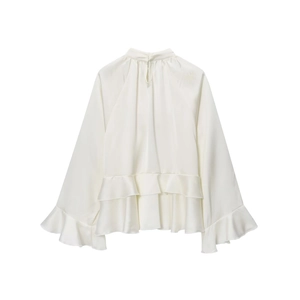 Elegant white satin long sleeve blouse with high neck and ruffle cuffs on white background