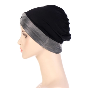 Black stretch turban hat for women with silver glitter crossed front detail for fashion