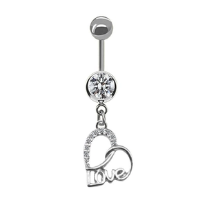 Piercing nombril argenté avec pendentif cœur, zircon rond et breloques Love
