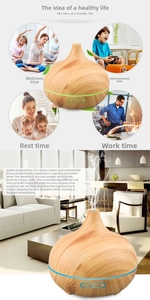 Detail view of wood grain aromatherapy humidifier with timer settings and light controls
