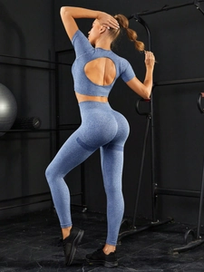 Damen 2-teiliges Heather Blue Yoga-Set Schnelltrocknend Nahtlose Fitness Outfit Kurzarm Top Und High Waist Leggings Sportbekleidung