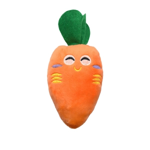Peluche a forma di carota per cani in morbido tessuto arancione e foglie verdi