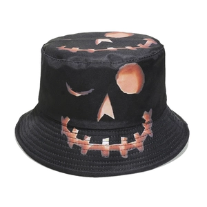 Halloween black bucket hat featuring an orange pumpkin jack-o-lantern face pattern