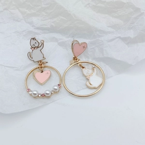 Asymmetric S925 cat and heart earrings with pearls and pink cubic zirconia accents