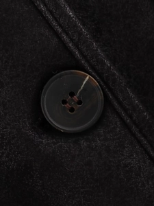 Détail d'un bouton en corne à quatre trous sur une veste noire en fausse fourrure