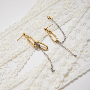 Close-up of asymmetrical 18K gold and silver chain fringe earrings on white lace fabric