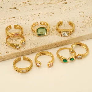 Stainless Steel Zircon Ring 18K Gold Plated Adjustable Open Vintage Finger Jewelry For Women