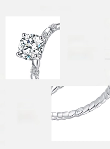 Macro detail of S925 sterling silver ring showing D-VVS1 1ct moissanite stone and hallmark