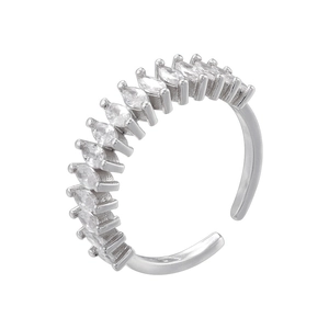 Detail view of adjustable silver ring with marquise-cut zircons and fan-shaped bear paw design