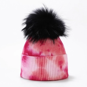 Women's Winter Tie-Dye Knit Beanie Hat With Large Faux Fur Pom-pom Ribbed Warm Outdoor Fashion Accessory