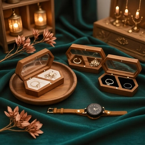 Detail view of hexagonal walnut wood jewelry box on elegant green velvet background
