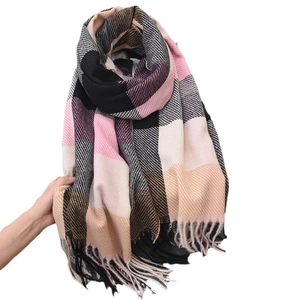 Classic British style plaid scarf with pink and grey tones and soft tassels