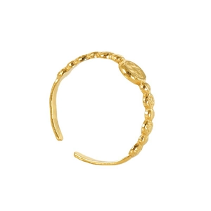 Vintage golden stainless steel open ring featuring a round coin relief textured design
