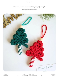 Detail of handcrafted woven Christmas tree ornaments with red and green festive patterns