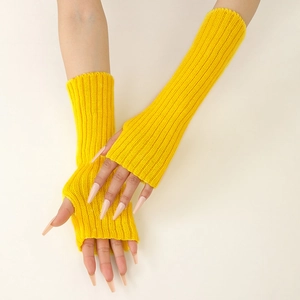 Neon yellow rib-knit arm warmers with thumb holes, cozy long fingerless gloves for women