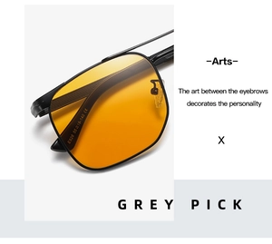Detailed close-up of orange lenses with matte black metal frame sunglasses for men
