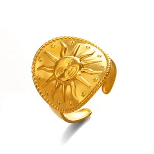 Bohemian gold stainless steel sun face ring with engraved star patterns and open band