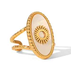 Golden stainless steel sun ring with white shell inlay and hammered band texture
