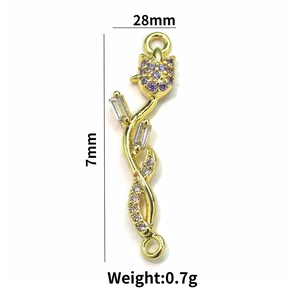 Detail of 28mm gold plated leaf pendant with purple cubic zirconia stones and dimensions