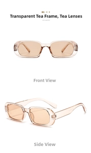 Detail view of tea-colored rectangular sunglasses showing the transparent frame and lenses