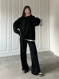 Women Loungewear Knit Cotton Sweater Pullover And High Waist Wide Leg Pants Oversized Casual