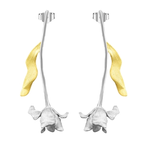 Elegant long tulip S925 silver earrings with gold leaf and brushed metal finish