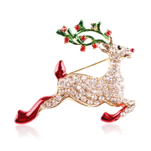 Broche de reno navideño brillante en aleación dorada con strass blancos y astas verdes