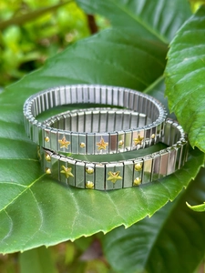 Detail of stainless steel stretch bracelets with gold star motifs on green leaves