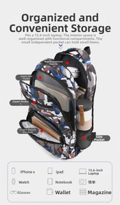 Internal view of camouflage backpack showing 15.6-inch laptop compartment and multi-pockets