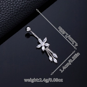 Macro view of silver flower navel ring with tassels and zircon, 4.2cm in length