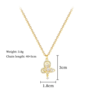 Detail of gold titanium steel necklace with sparkling crystal butterfly pendant and dimensions