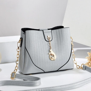 Silver textured crossbody bag with gold dolphin pendant and chain strap for women